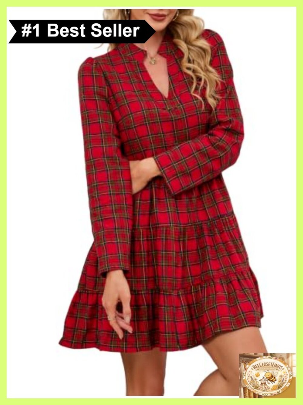 Plaid A-Line Tunic Dress Long Sleeve V Neck Ruffle Hem